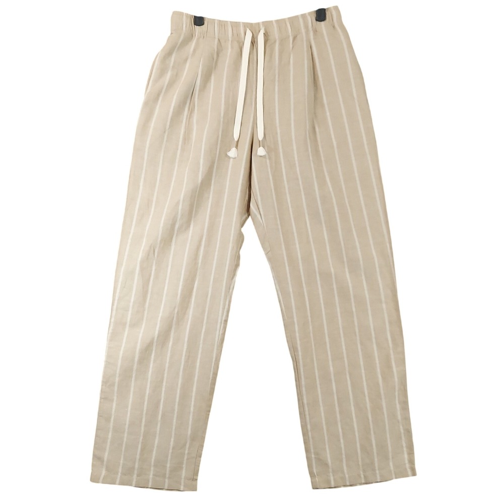 Uniqlo Linen Blend Easy Pants Women Medium Beige Striped Drawstring 466024